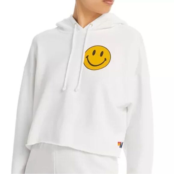 Aviator Nation Smiley 2 Graphic Cropped Hoodie in white Medium - Picture 2 of 6